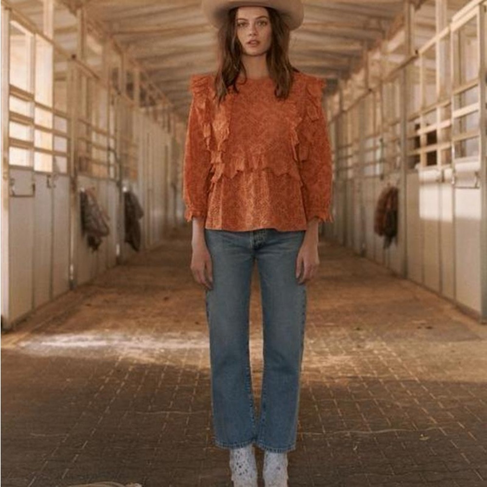 The Great. Eyelet Ruffle Flutter Top In Spice Orange Boho‎ Blouse size 0 XS - Picture 3 of 6